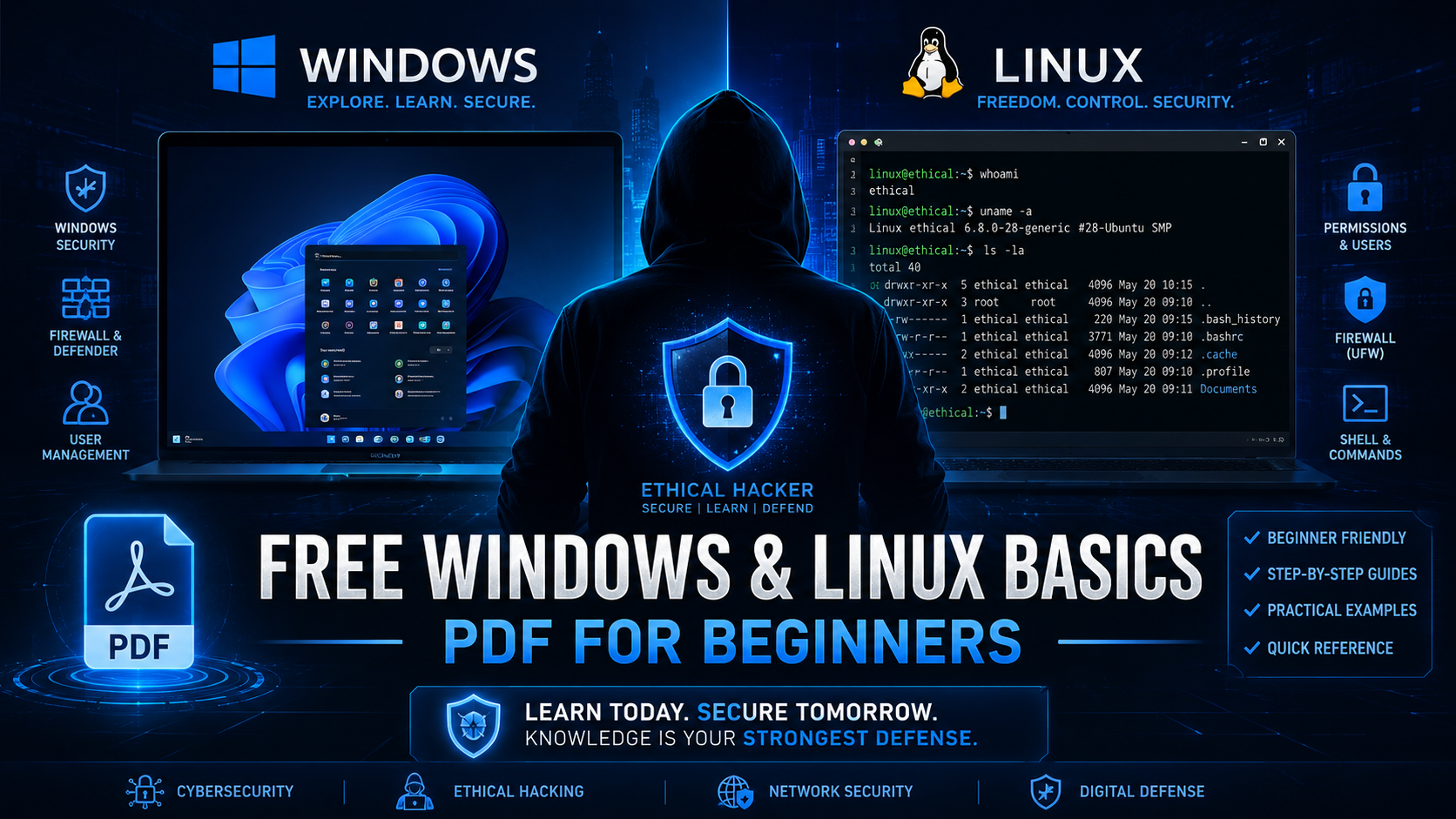 Cover image for: Free Windows & Linux Basics PDF for Beginners | Hacker and Defender Mindset Guide